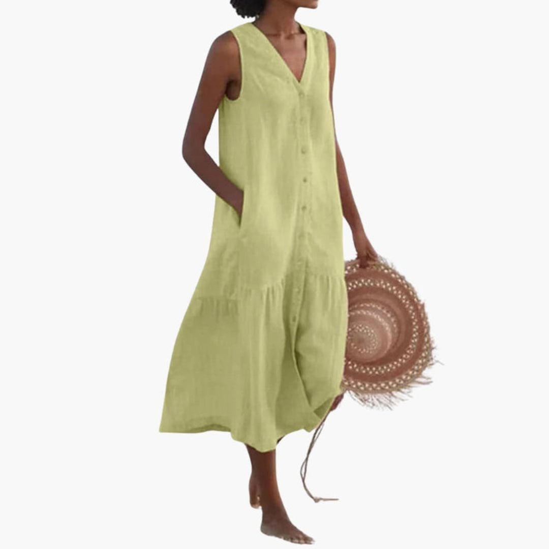 Robe midi femme col V avec des boutons sur le devant