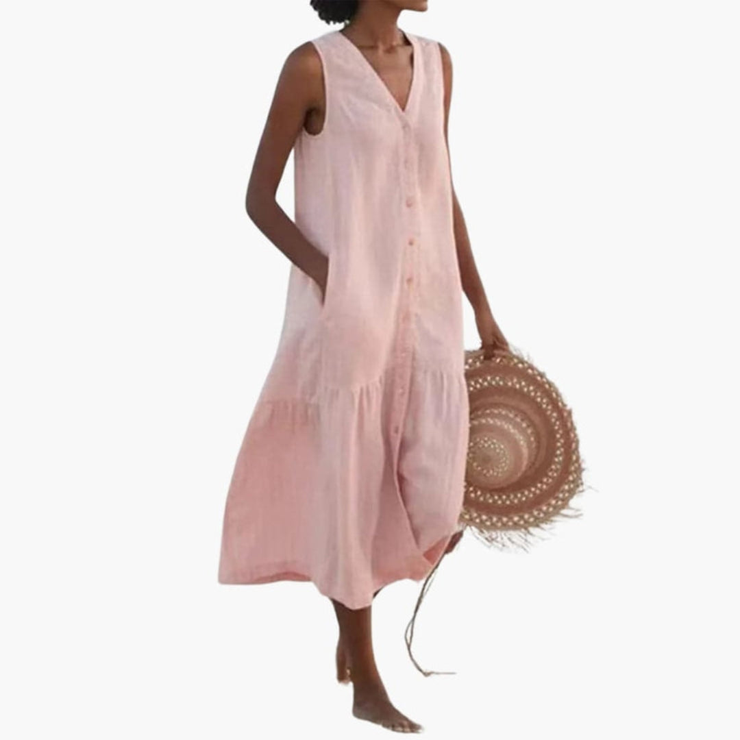 Robe midi femme col V avec des boutons sur le devant