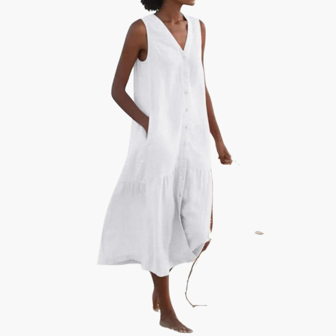 Robe midi femme col V avec des boutons sur le devant