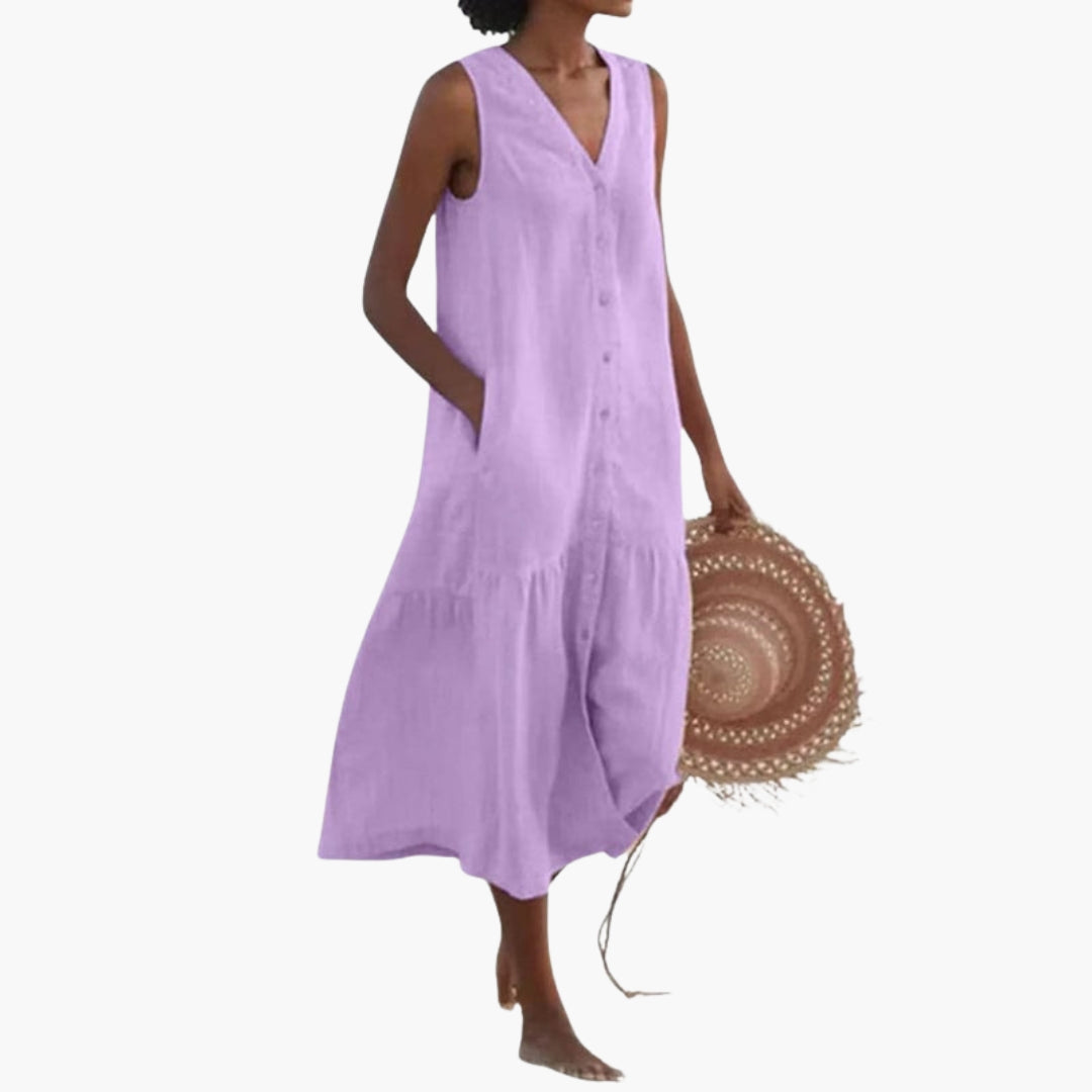 Robe midi femme col V avec des boutons sur le devant