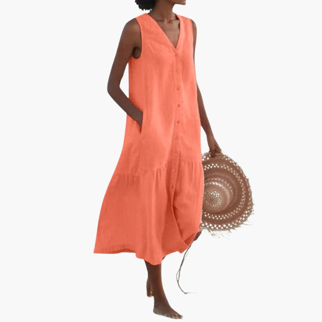 Robe midi femme col V avec des boutons sur le devant