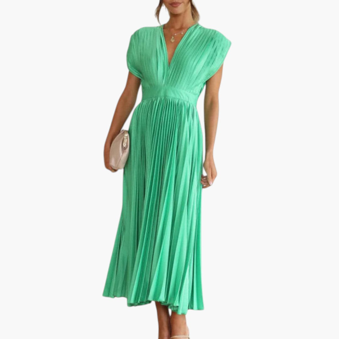 Abito midi donna con scollo a V e gonna plissettata