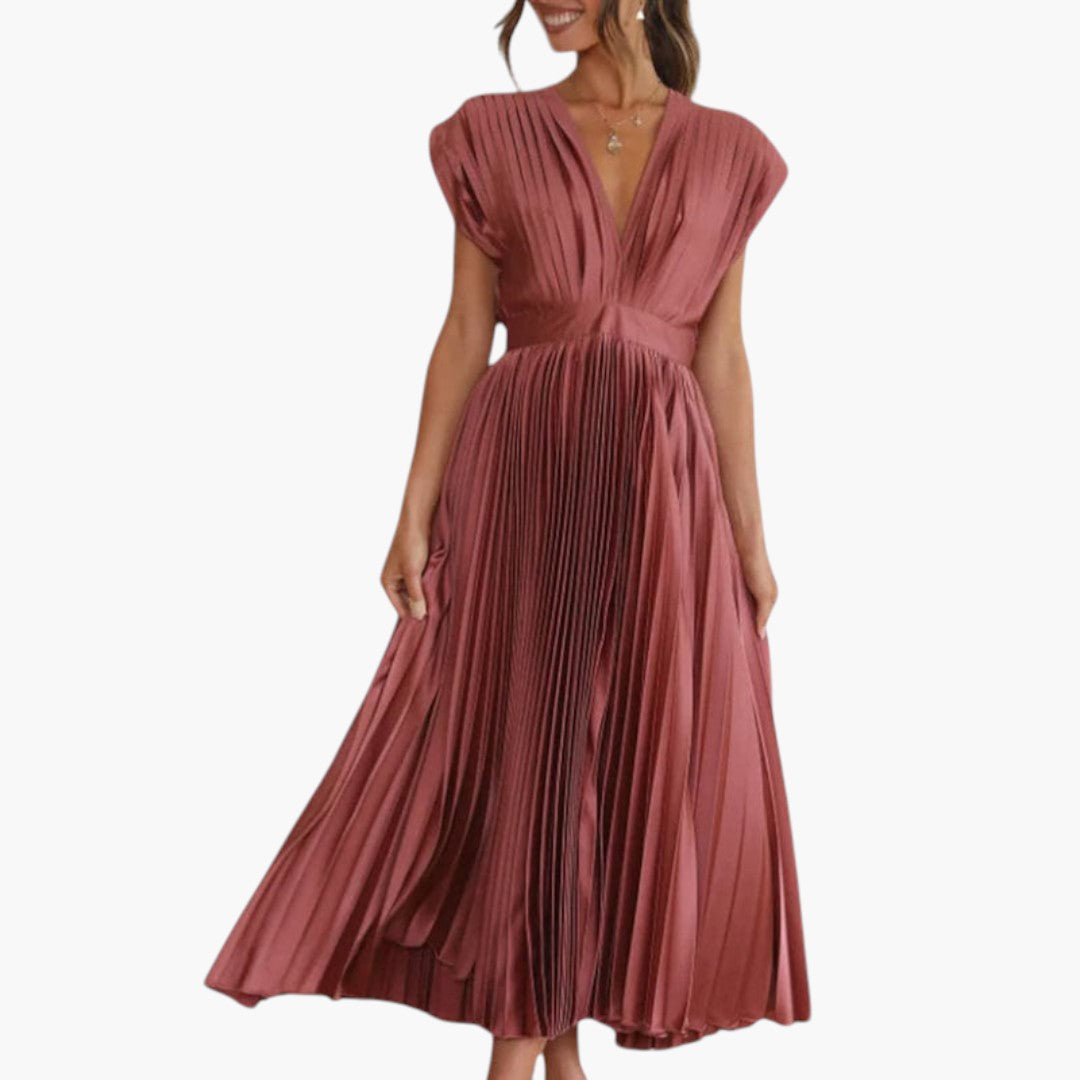 Abito midi donna con scollo a V e gonna plissettata