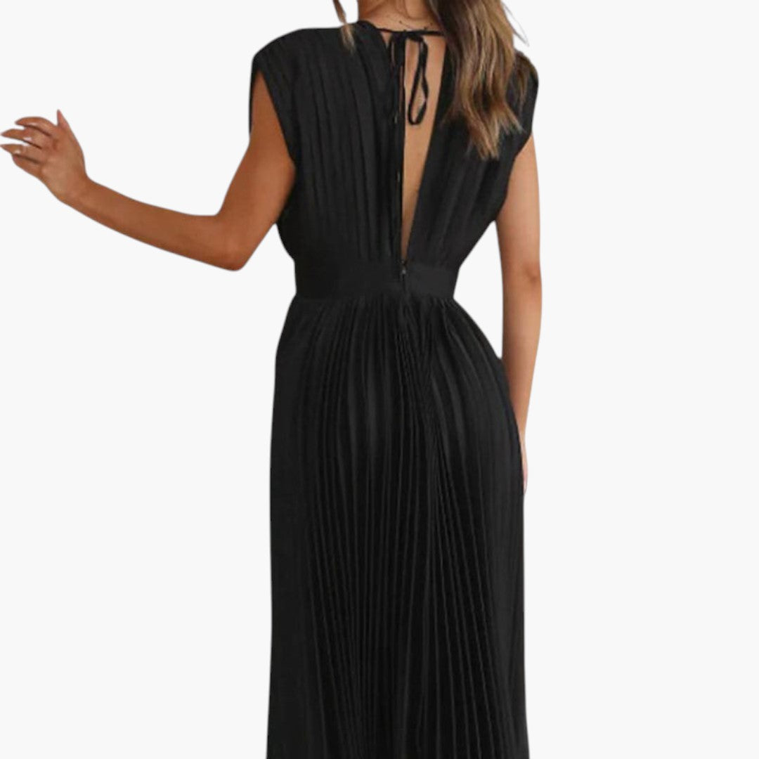 Abito midi donna con scollo a V e gonna plissettata