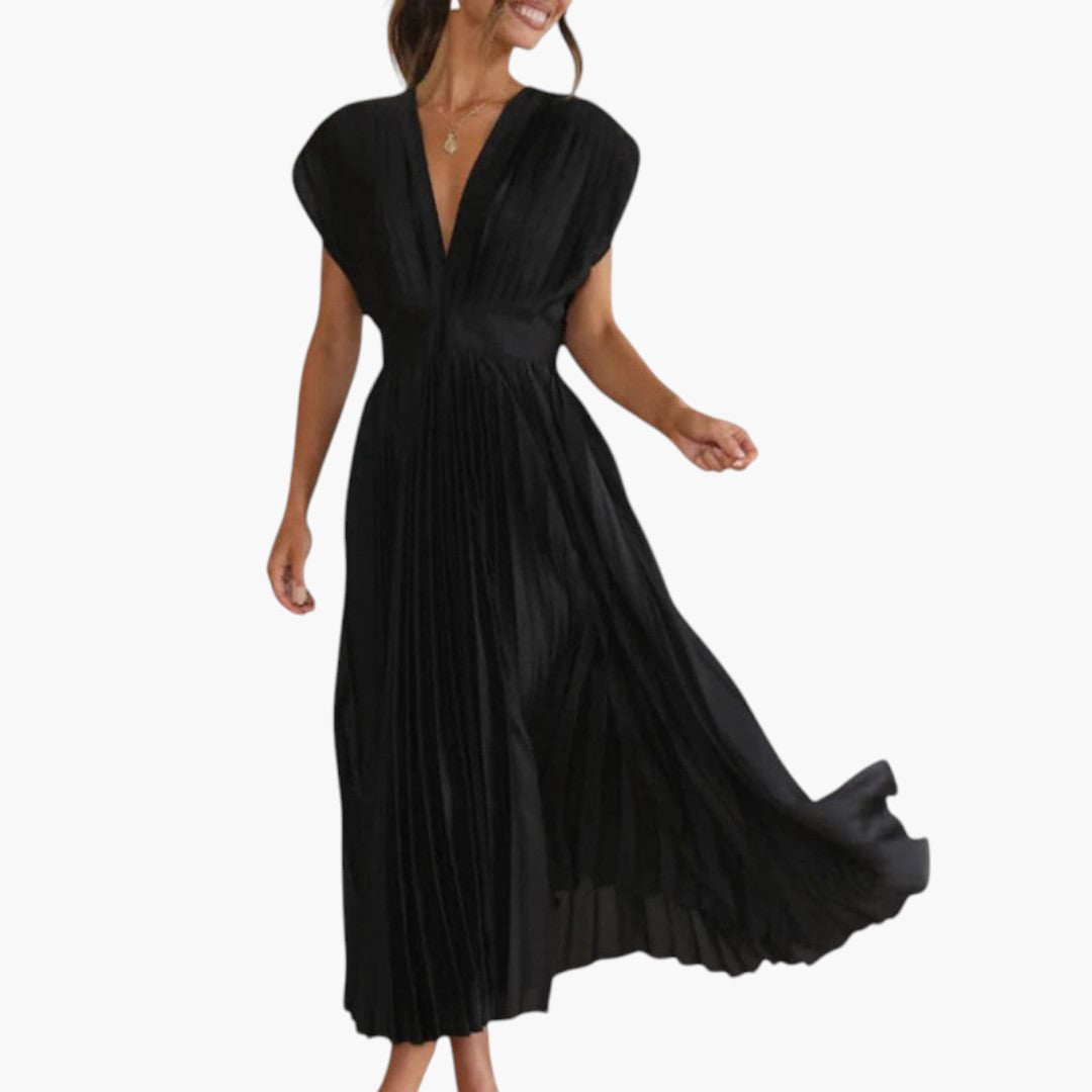 Abito midi donna con scollo a V e gonna plissettata