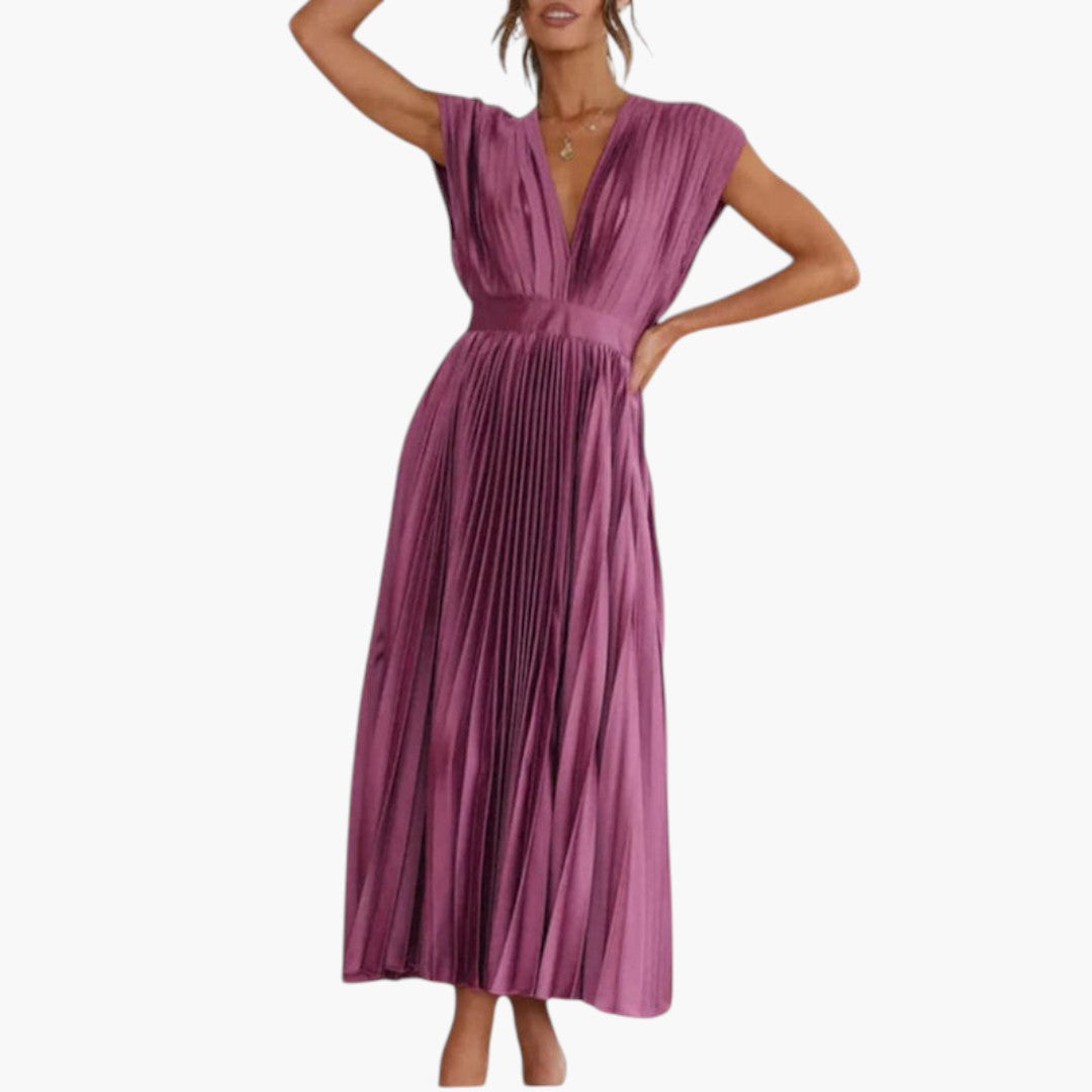 Abito midi donna con scollo a V e gonna plissettata