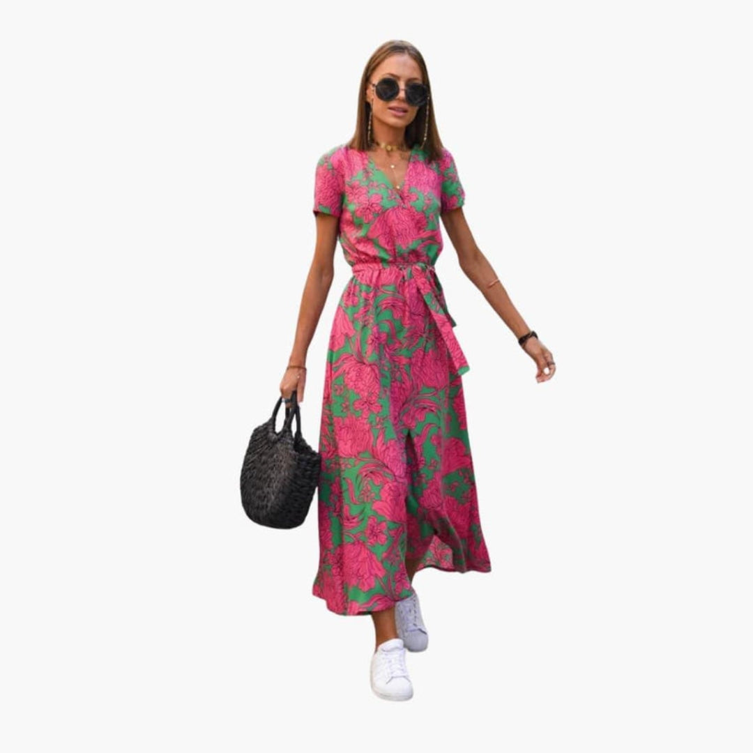 Robe midi femme col V avec lien à la taille
