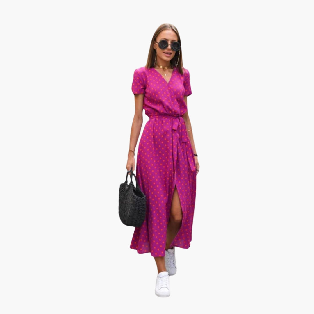 Robe midi femme col V avec lien à la taille