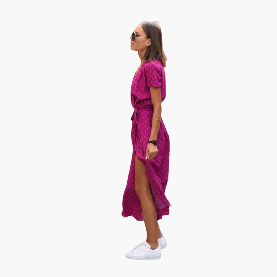 Robe midi femme col V avec lien à la taille