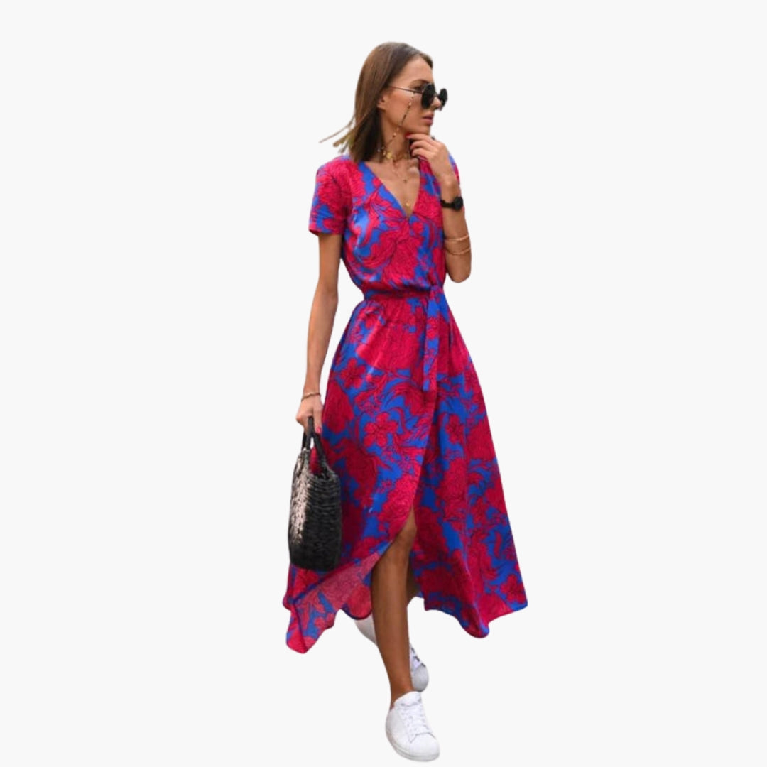 Robe midi femme col V avec lien à la taille