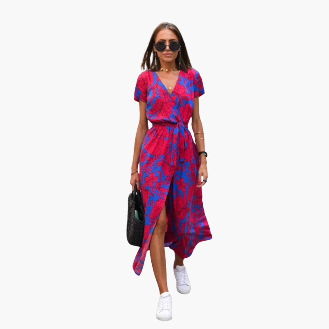 Robe midi femme col V avec lien à la taille