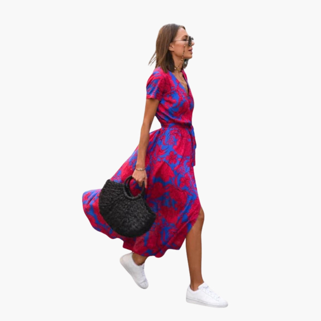 Robe midi femme col V avec lien à la taille