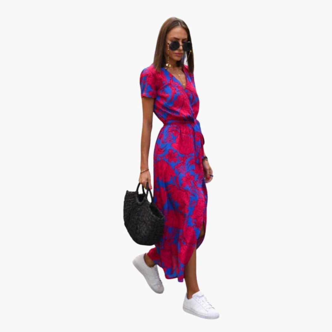 Robe midi femme col V avec lien à la taille