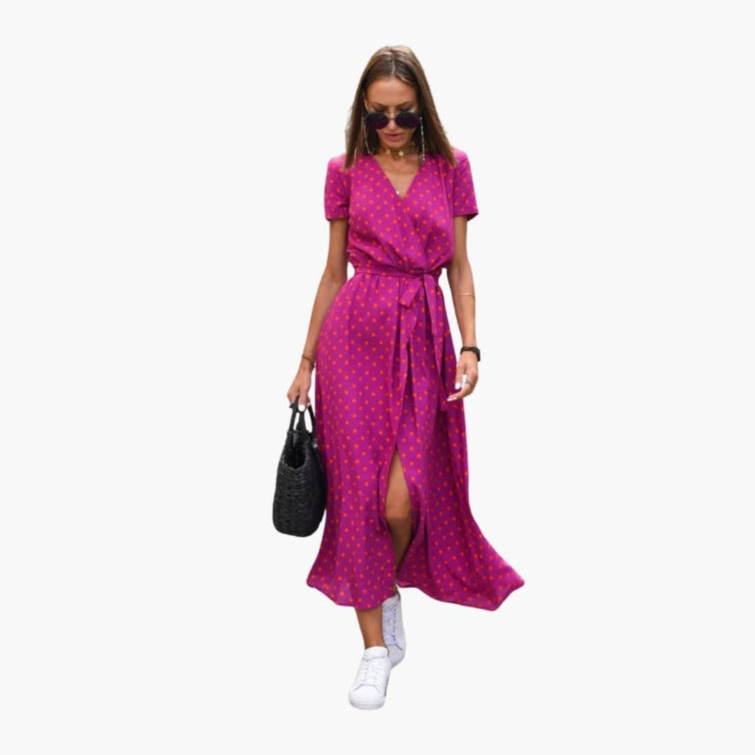 Robe midi femme col V avec lien à la taille