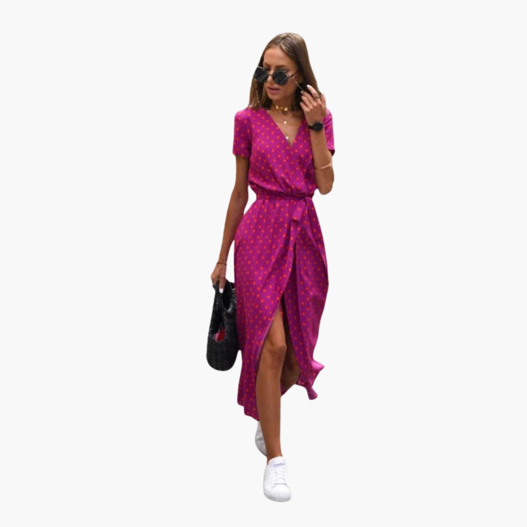 Robe midi femme col V avec lien à la taille