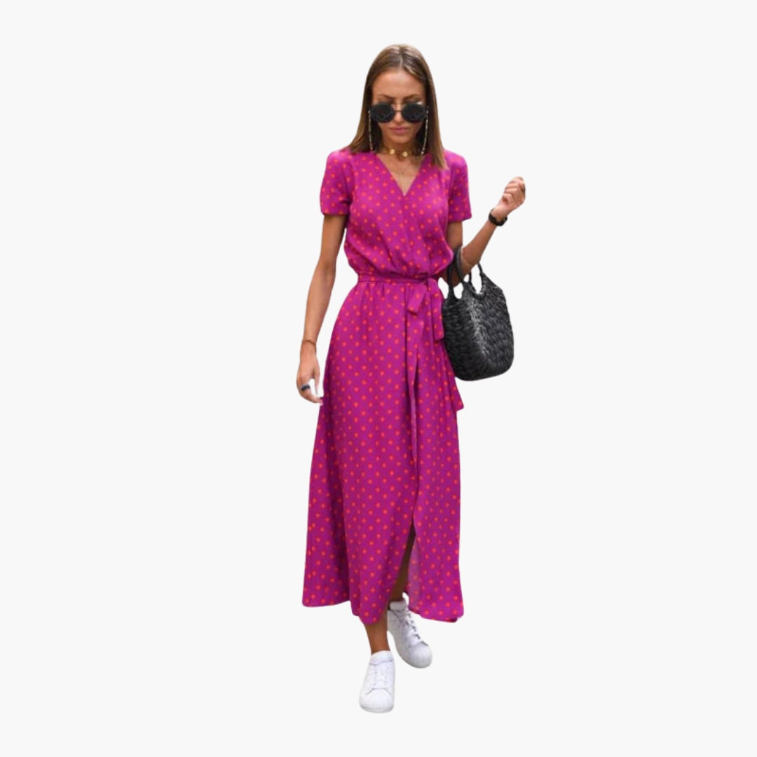 Robe midi femme col V avec lien à la taille