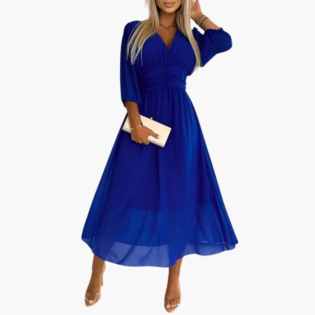 Vestido midi feminino com decote em V e mangas três quartos