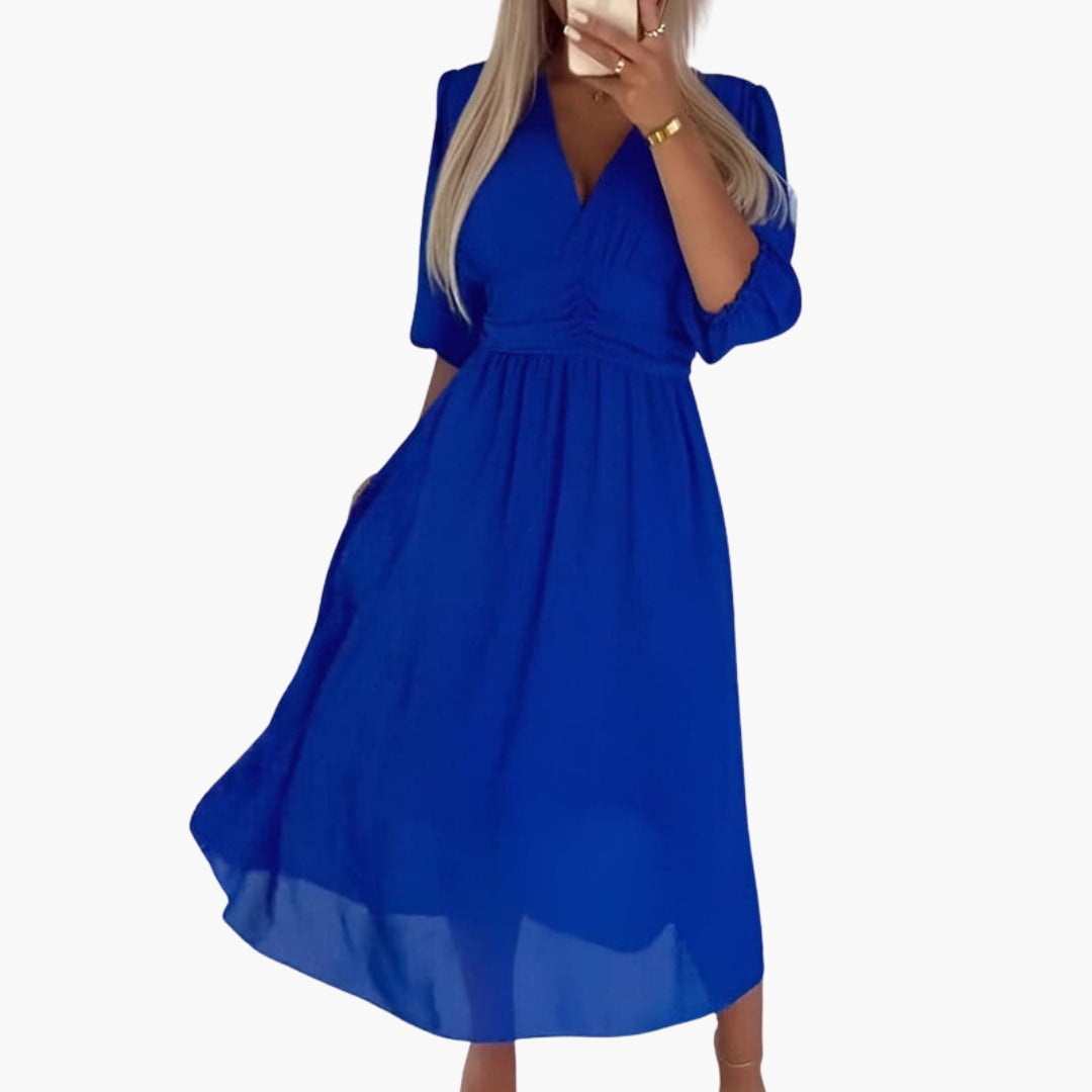 Vestido midi feminino com decote em V e mangas três quartos