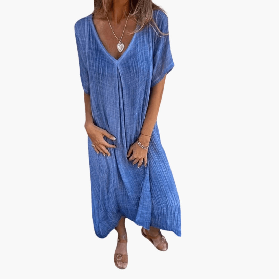 Robe midi femme avec col V manches courtes
