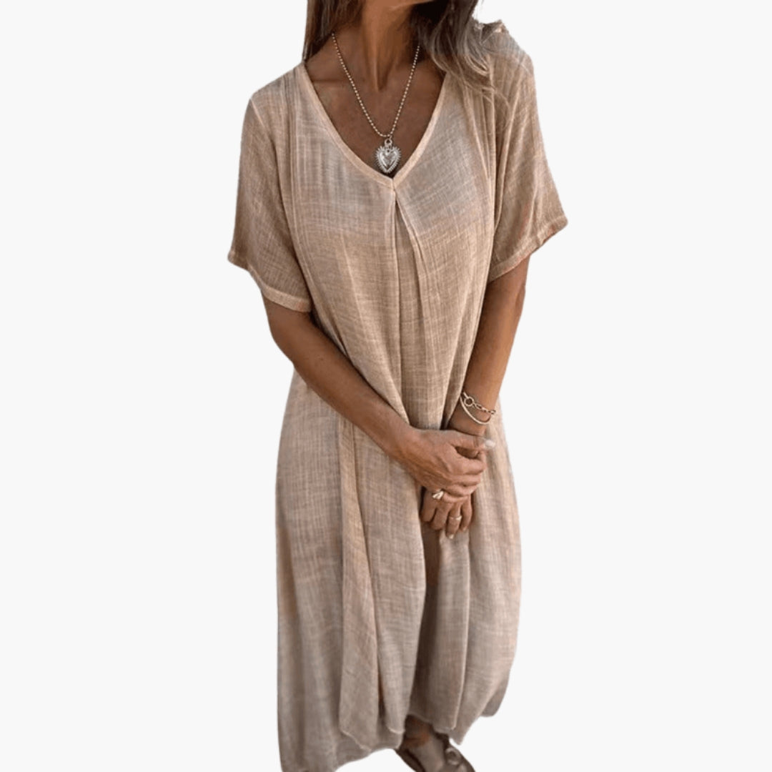 Robe midi femme avec col V manches courtes
