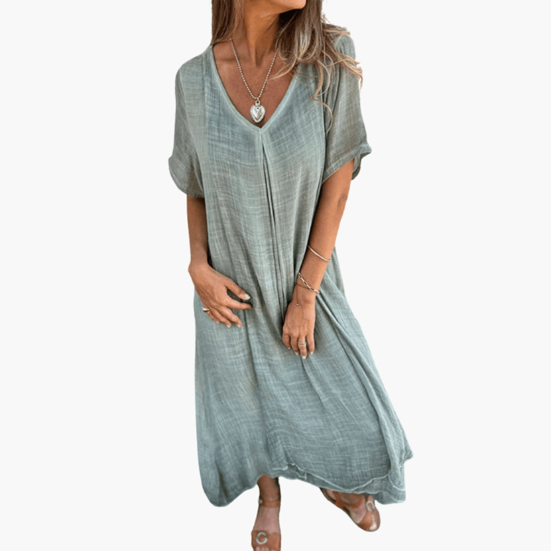 Robe midi femme avec col V manches courtes