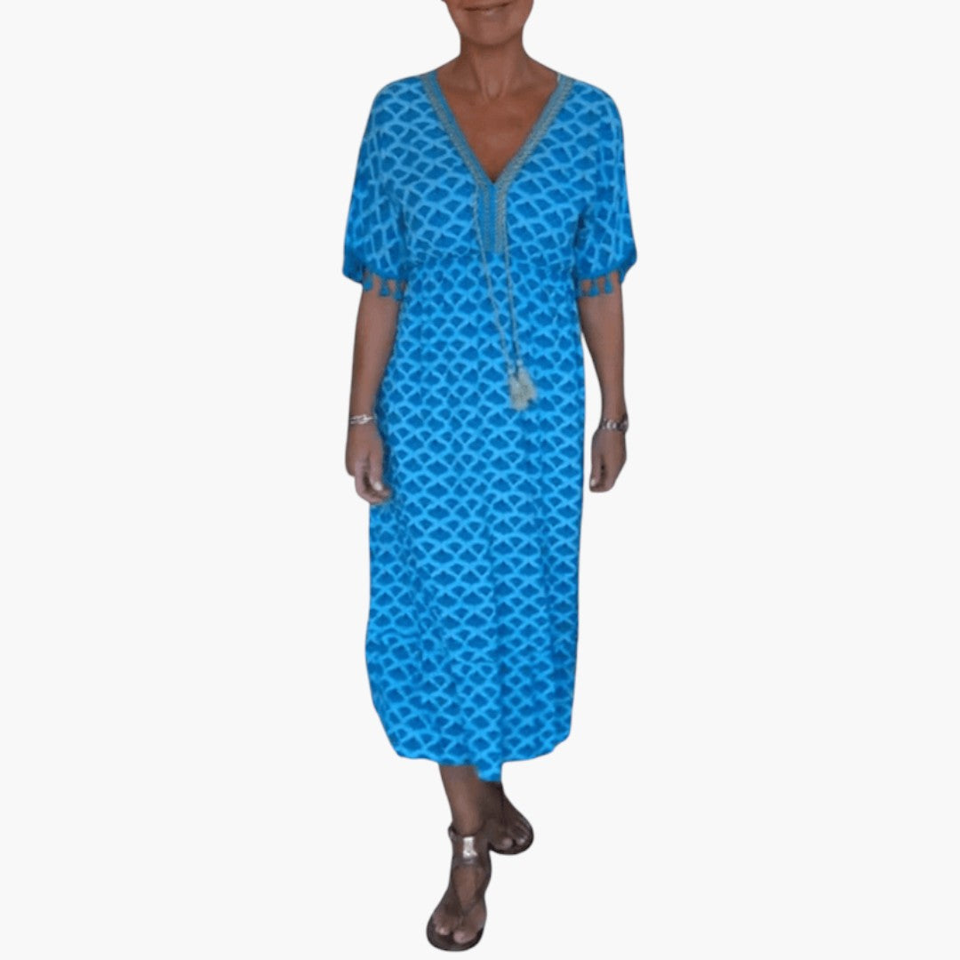 Abito midi donna scollo a V maniche corte con laccio a pompon
