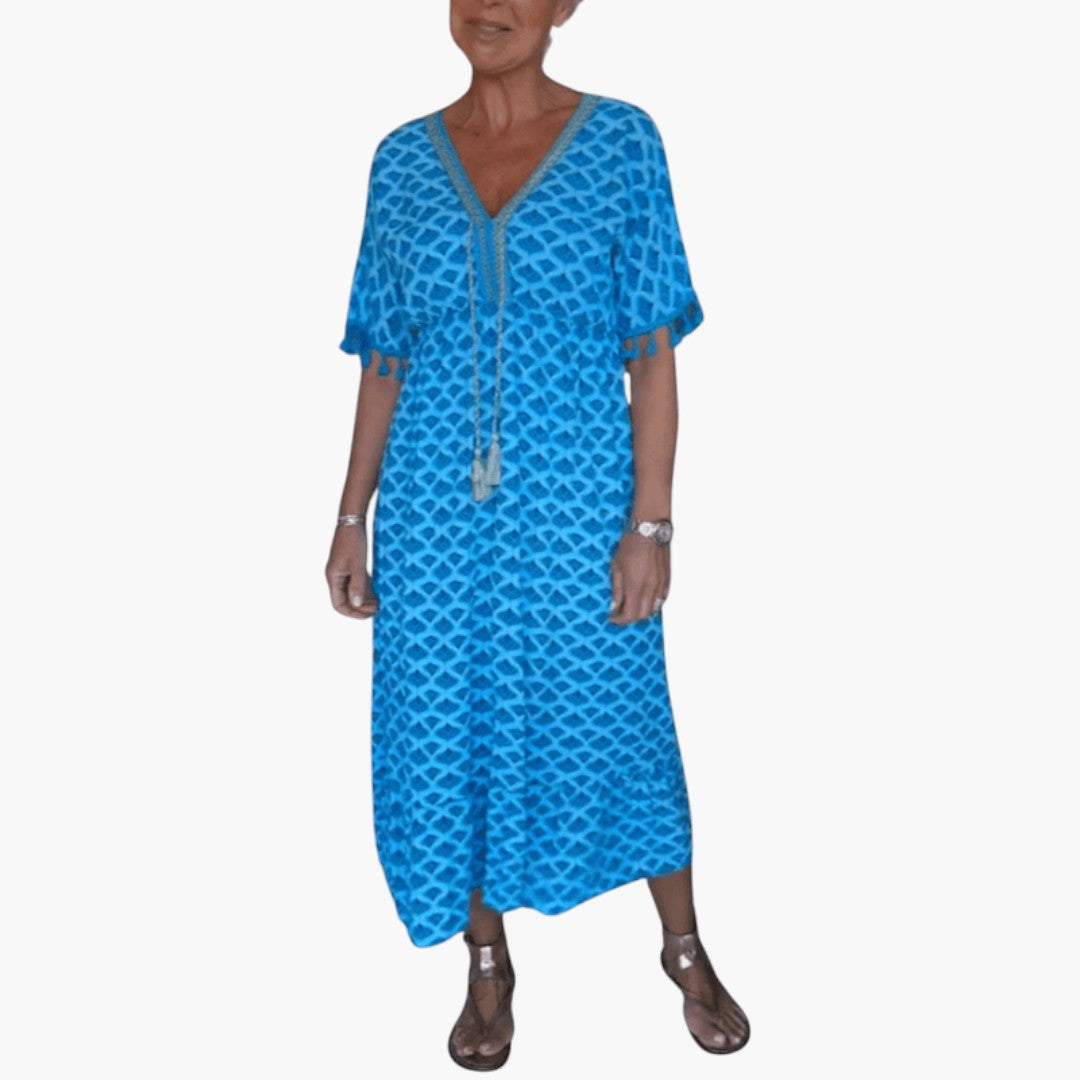Abito midi donna scollo a V maniche corte con laccio a pompon