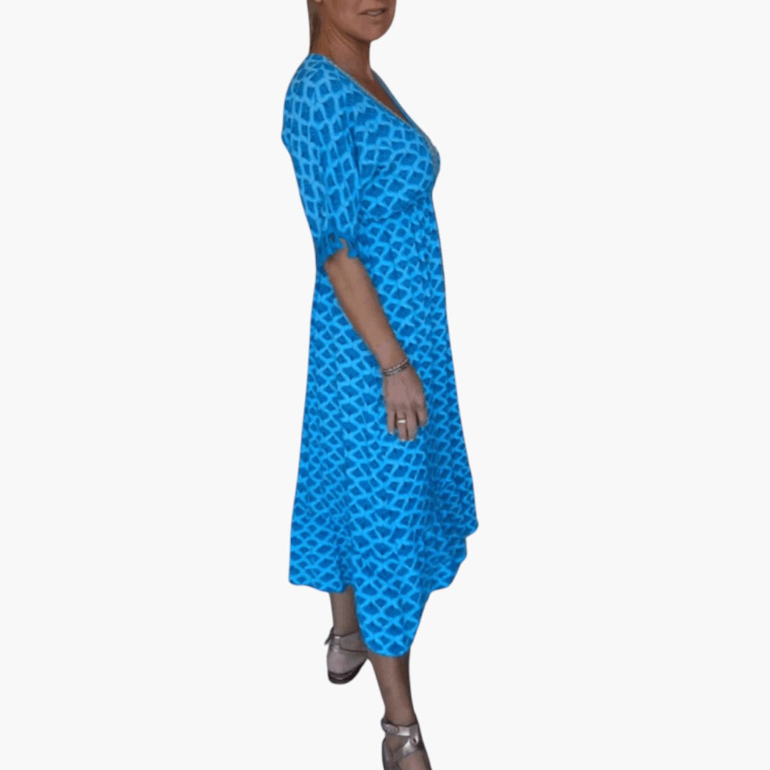 Abito midi donna scollo a V maniche corte con laccio a pompon