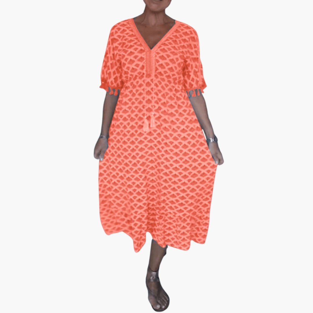 Abito midi donna scollo a V maniche corte con laccio a pompon