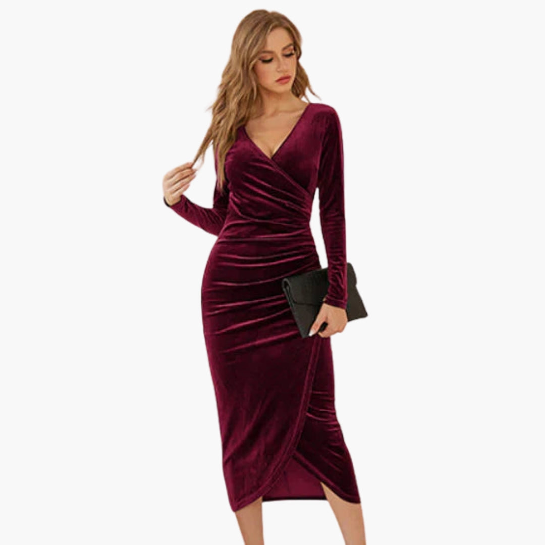 Robe midi femme en velours avec manches longues