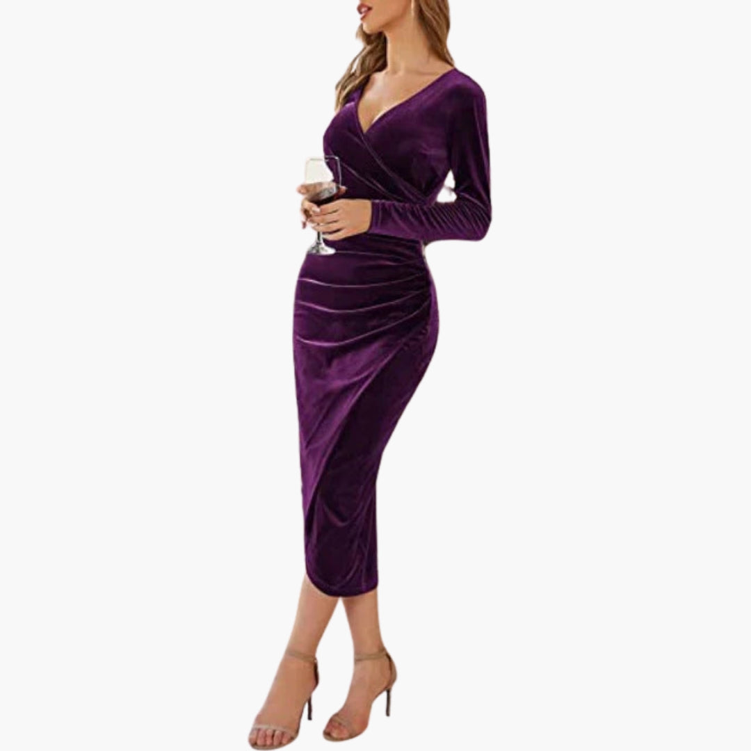 Robe midi femme en velours avec manches longues