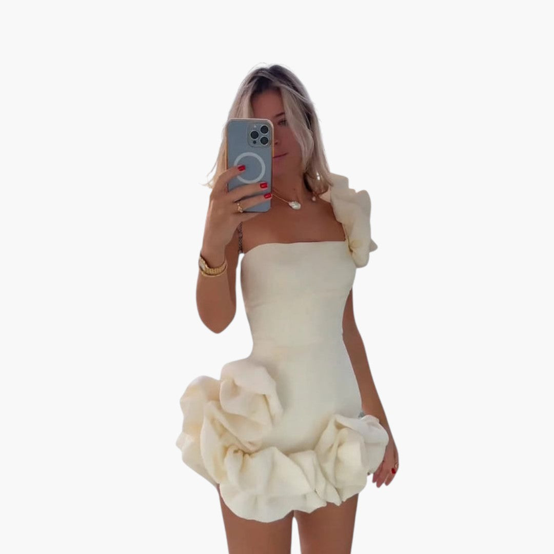 Robe mini femme à une épaule avec ourlet à volants
