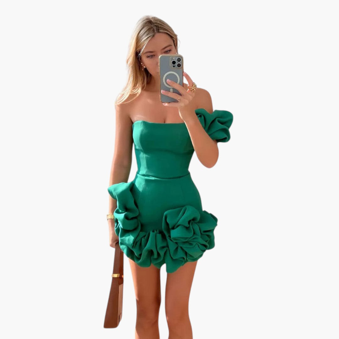 Robe mini femme à une épaule avec ourlet à volants