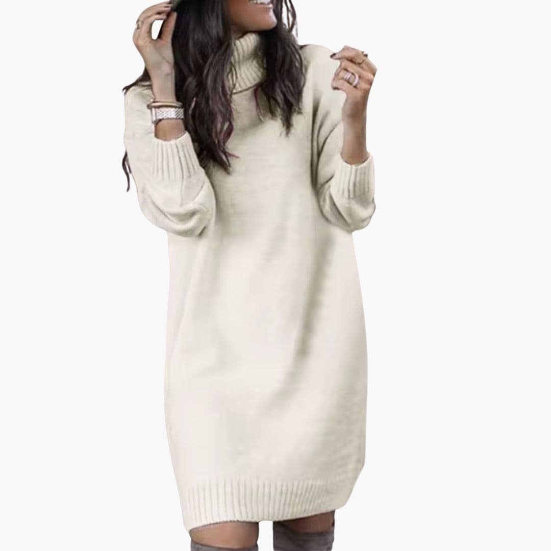 Vestido de malha com gola alta para mulher com punhos canelados