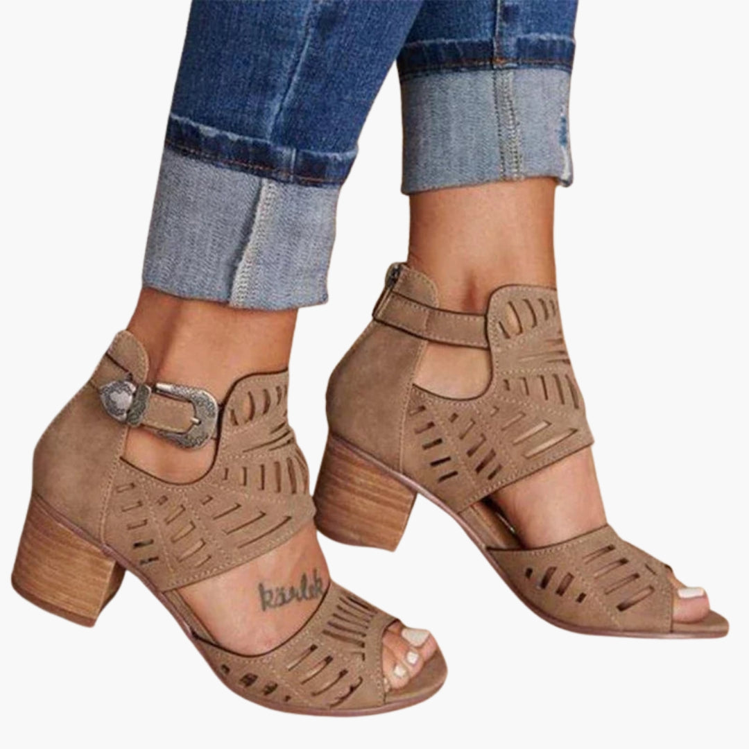 Sandales à Talon Femme avec Bride Cheville et Motif Ajouré