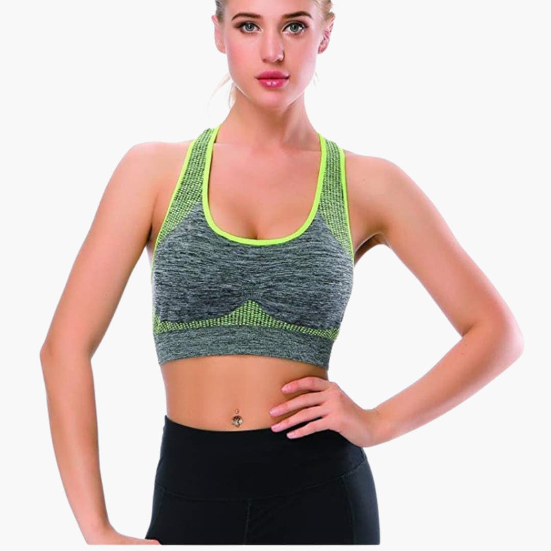 Women's sports bra with adjustable straps and elastic band under the bust