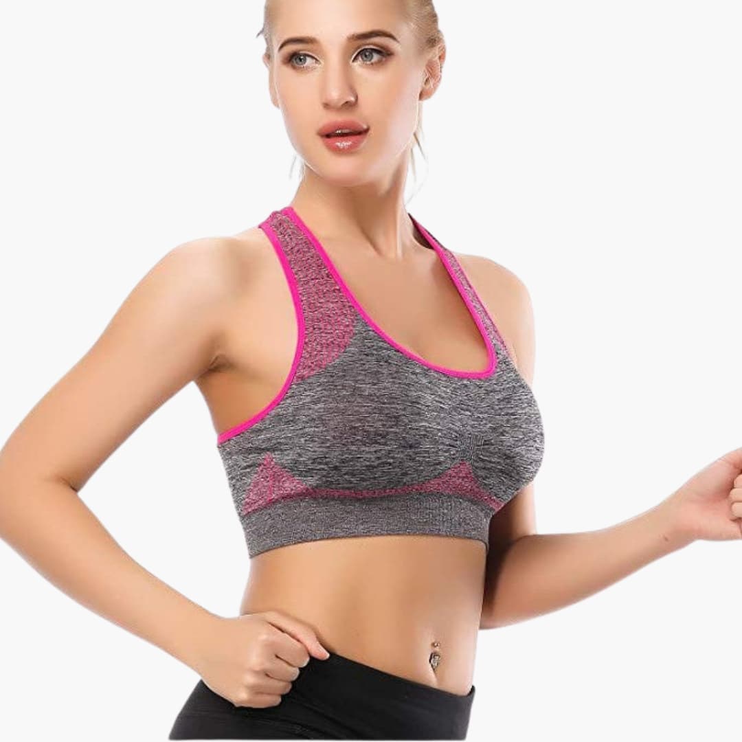 Women's sports bra with adjustable straps and elastic band under the bust