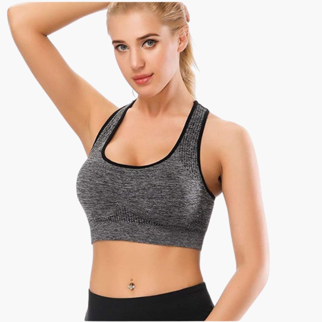 Women's sports bra with adjustable straps and elastic band under the bust