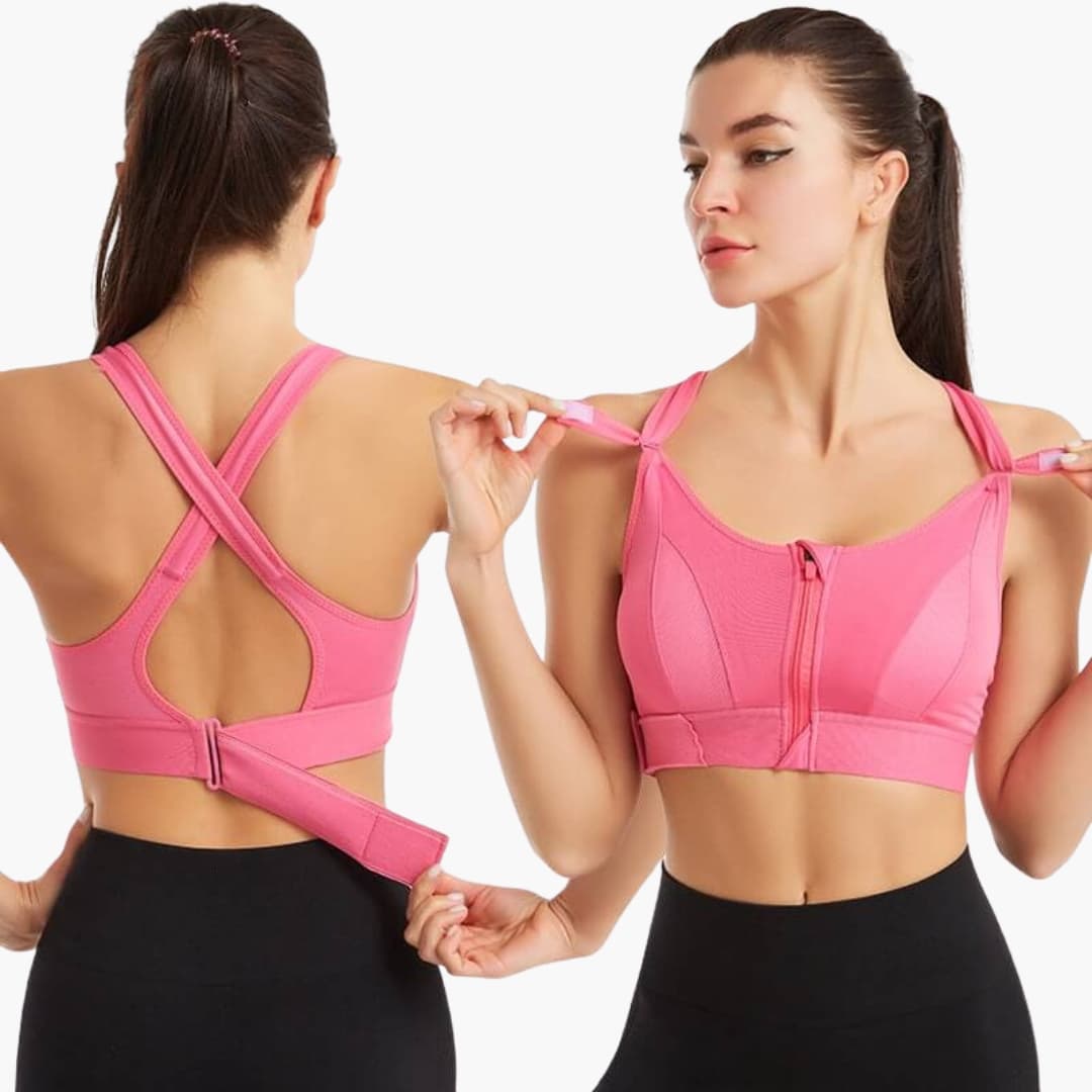 Women's sports bra with adjustable straps and back closure