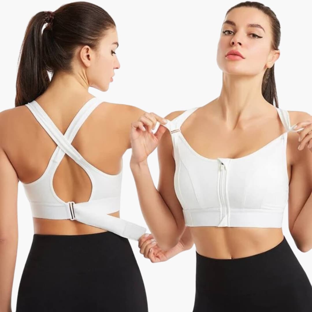 Women's sports bra with adjustable straps and back closure