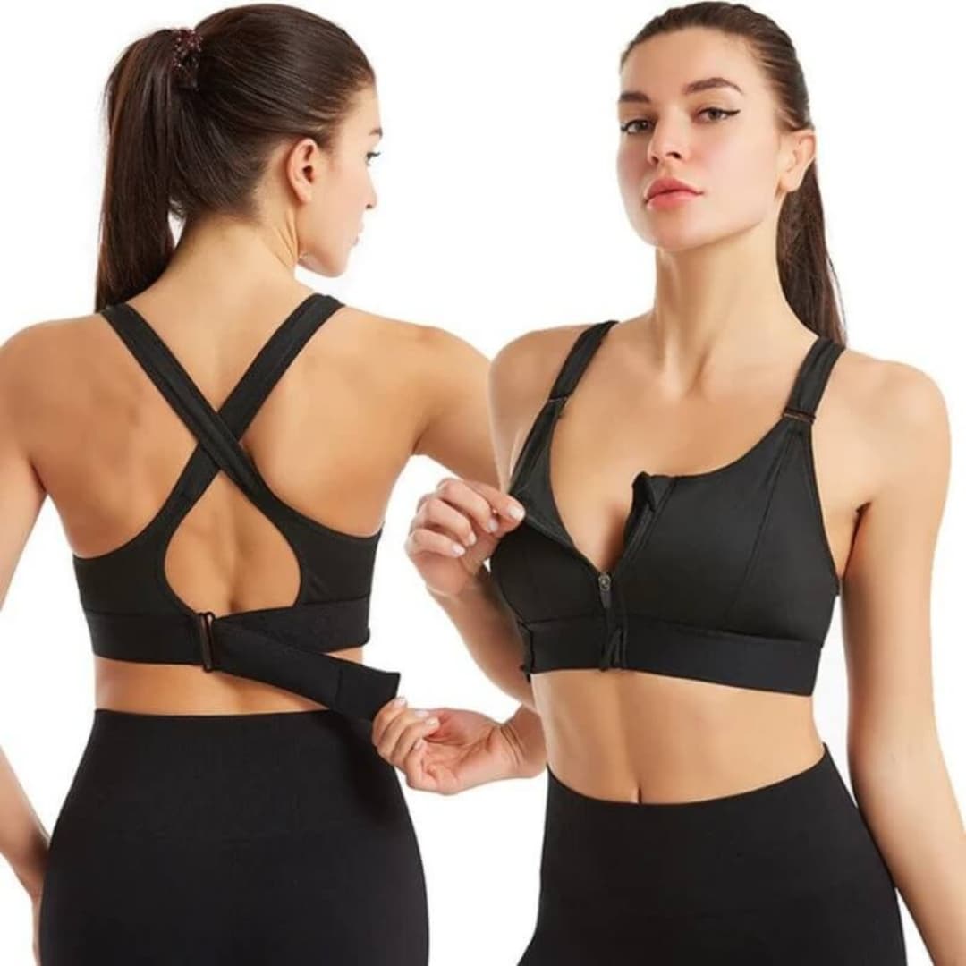 Women's sports bra with adjustable straps and back closure