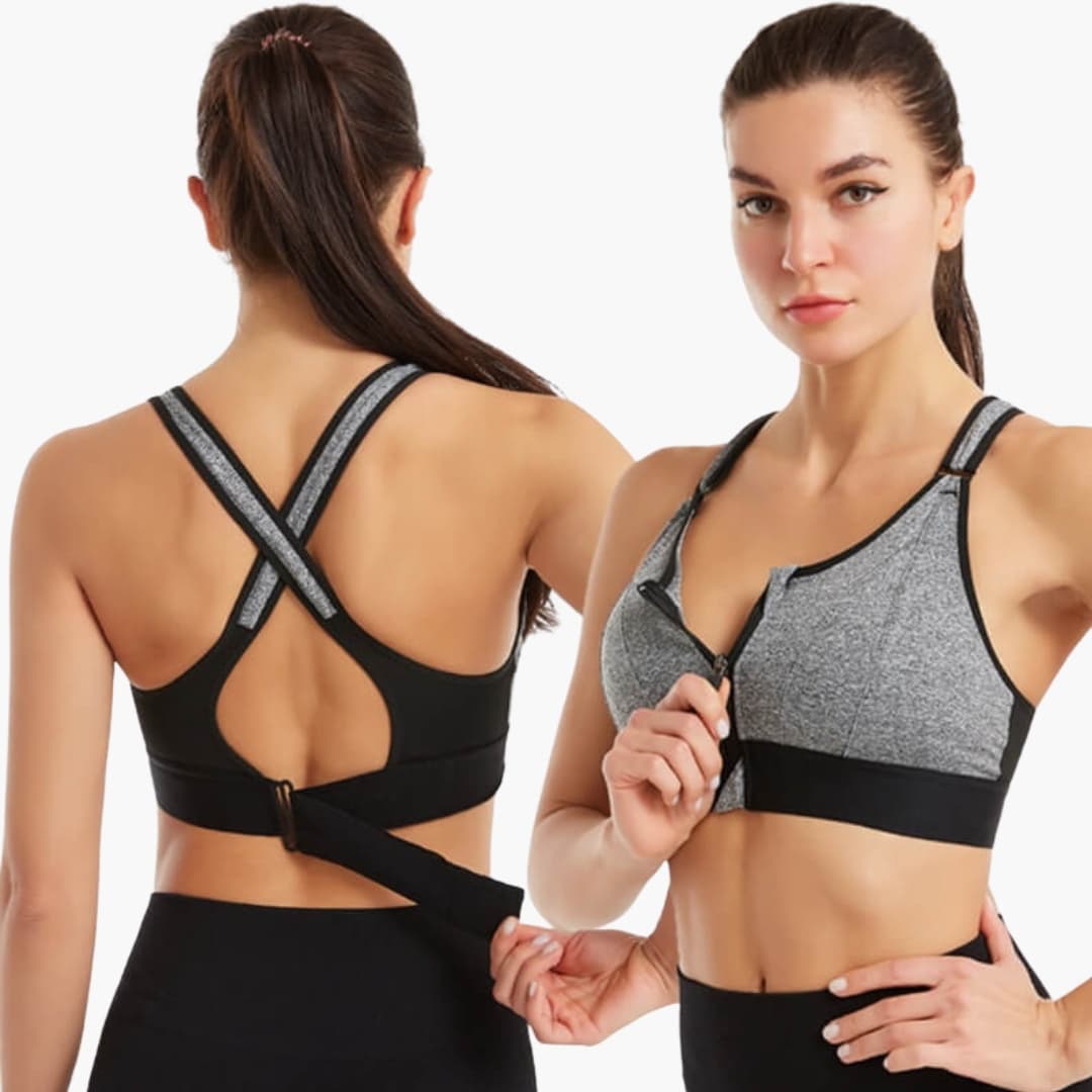 Women's sports bra with adjustable straps and back closure