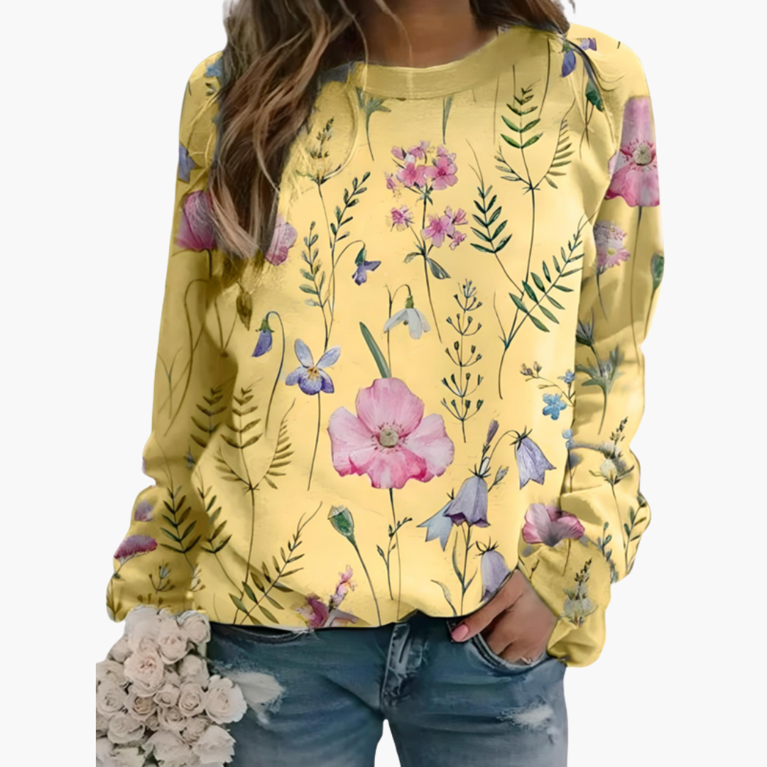 Sweat-shirt à motif floral pour femme avec col ras du cou et manches longues