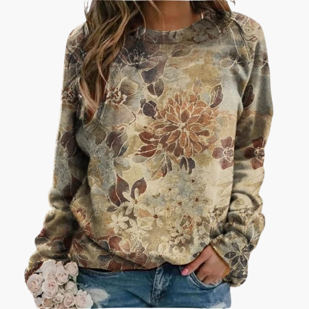 Sweat-shirt à motif floral pour femme avec col ras du cou et manches longues