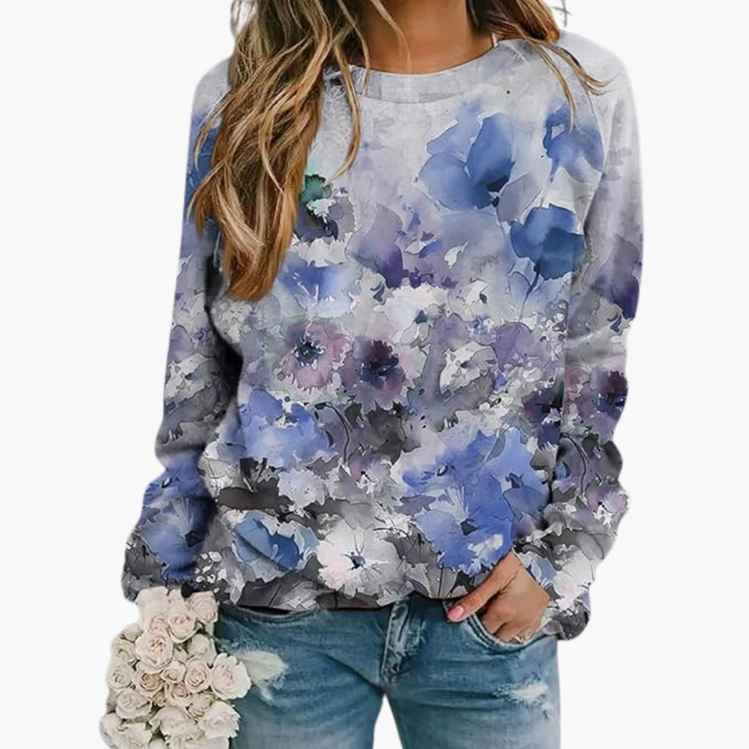 Sweat-shirt à motif floral pour femme avec col ras du cou et manches longues