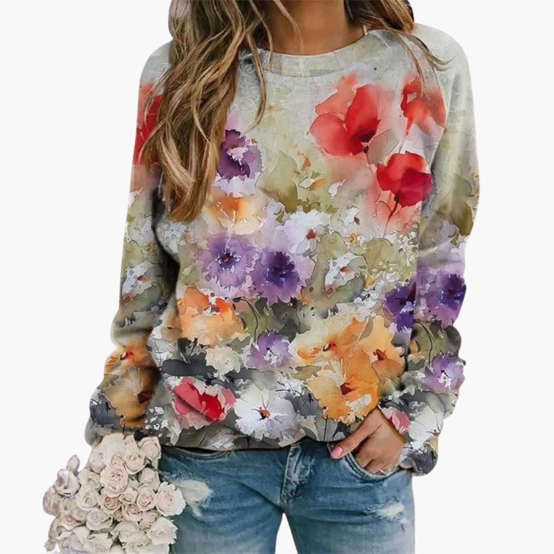 Sweat-shirt à motif floral pour femme avec col ras du cou et manches longues