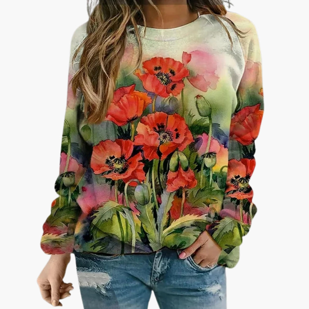 Sweat-shirt à motif floral pour femme avec col ras du cou et manches longues