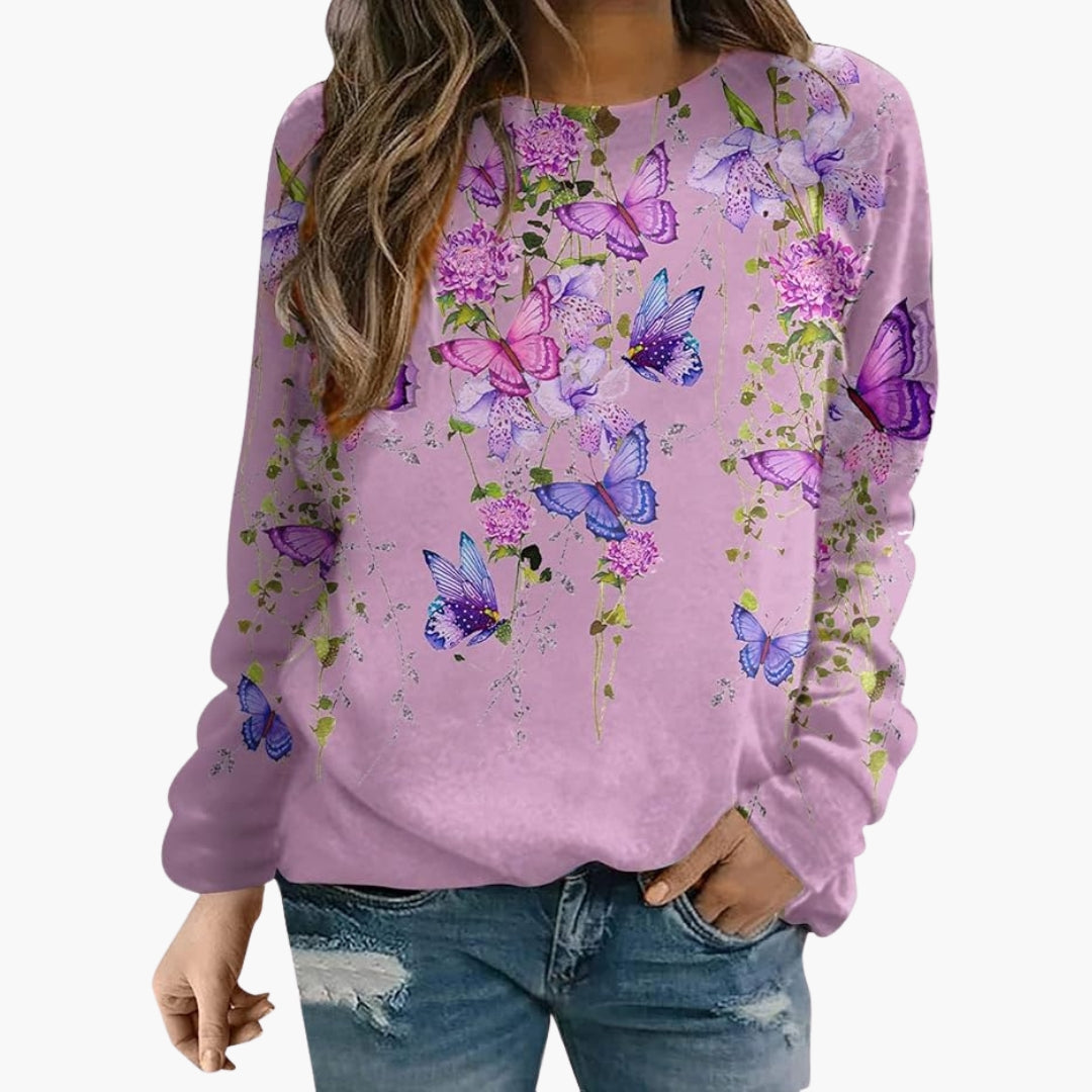 Sweat-shirt à motif floral pour femme avec col ras du cou et manches longues
