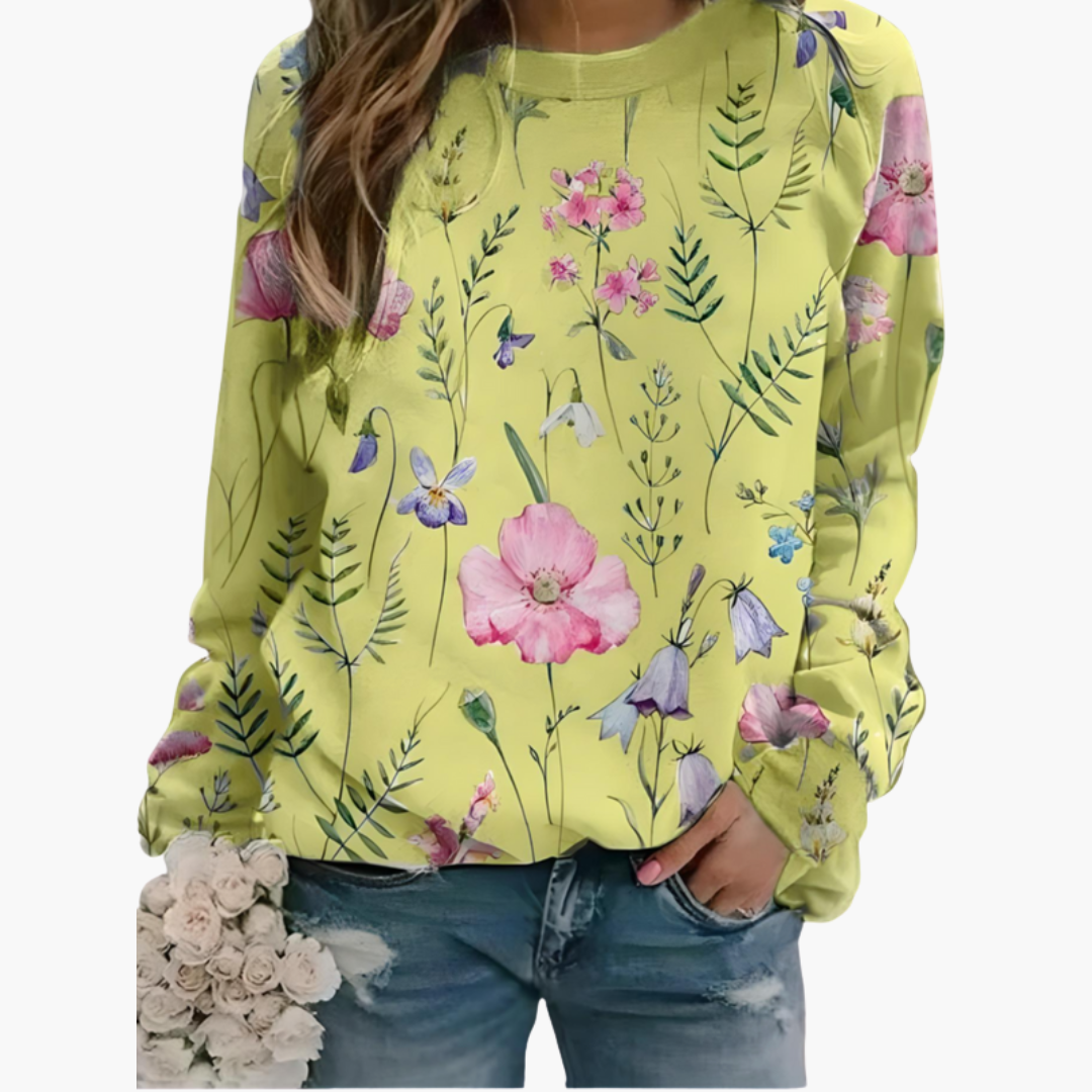 Sweat-shirt à motif floral pour femme avec col ras du cou et manches longues