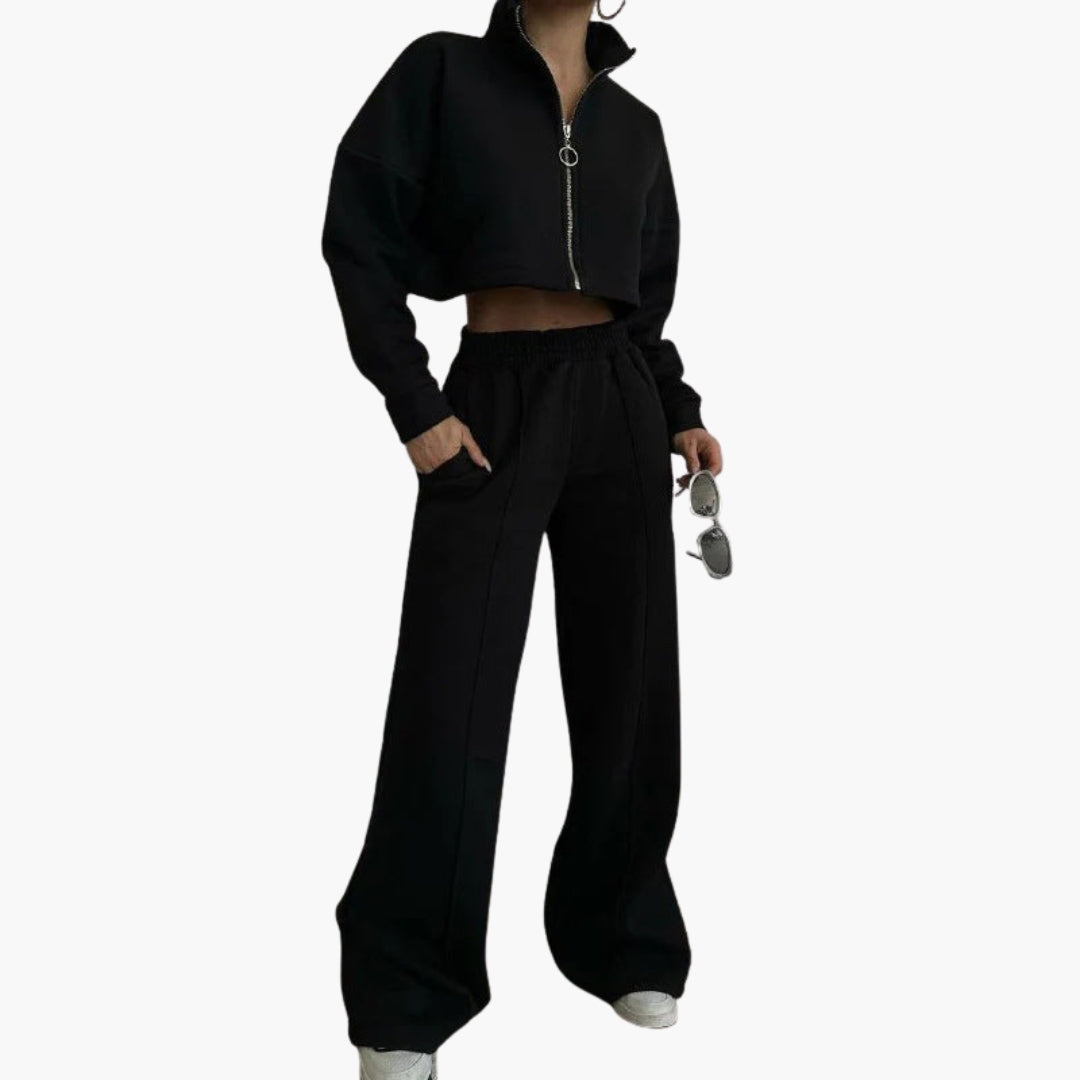 Kort dame-sweatshirt med høj krave og fuld lynlås